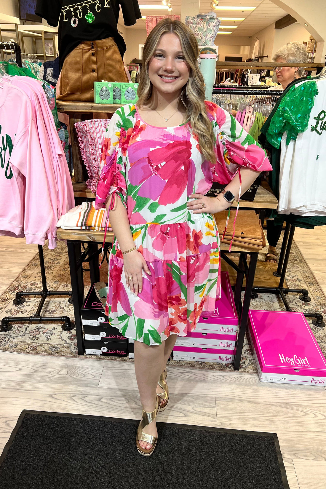 3/4 Sleeve Pockets Tiered Loose Fit Floral Print Mini Dress DRESS WHOLESALE FASHION TRENDS