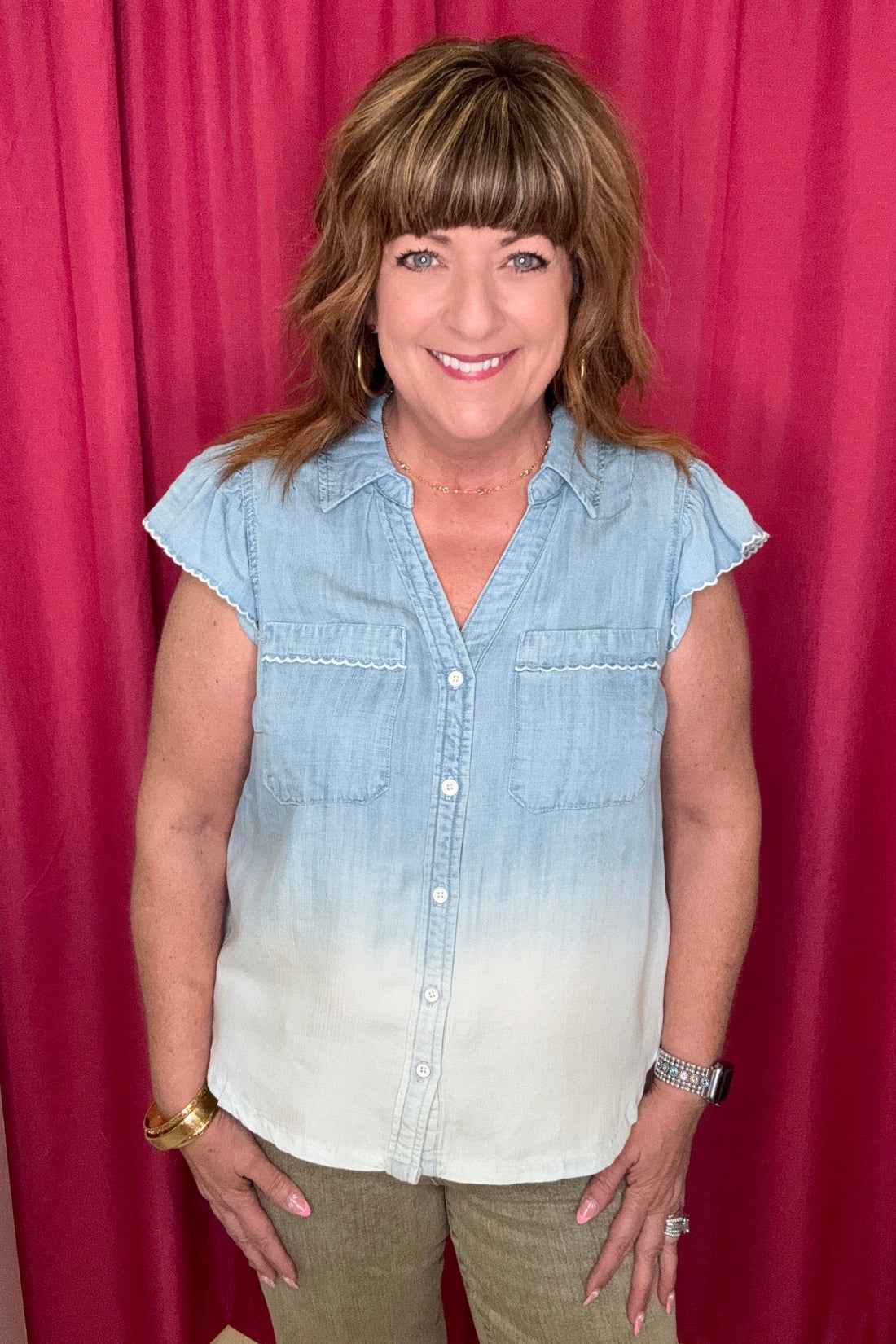 Flutter Sleeve Collared Button Down Top MISSY TOP SPECIAL DEMOCRACY 