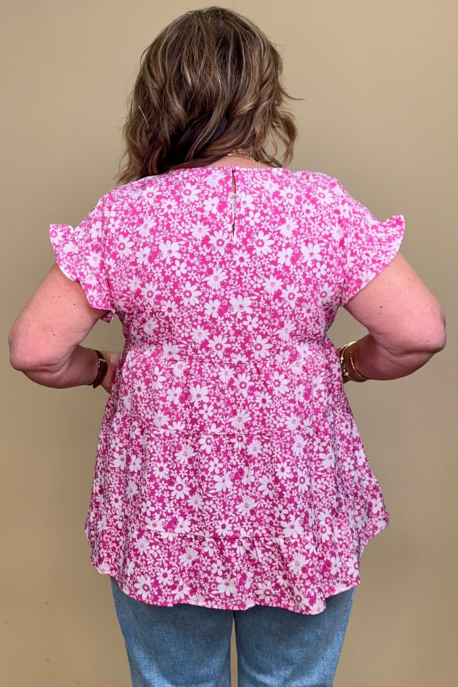 Short Ruffle Sleeve Ruffle Tiered Floral Print Blouse JR TOP DRESSY WHOLESALE FASHION TRENDS 