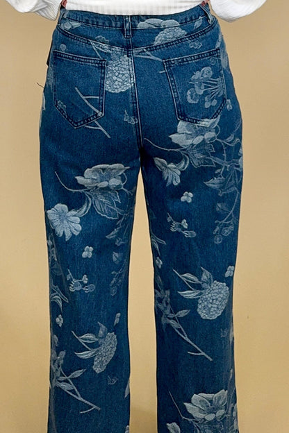 Floral Print Denim Pants BOTTOMS CREATION 