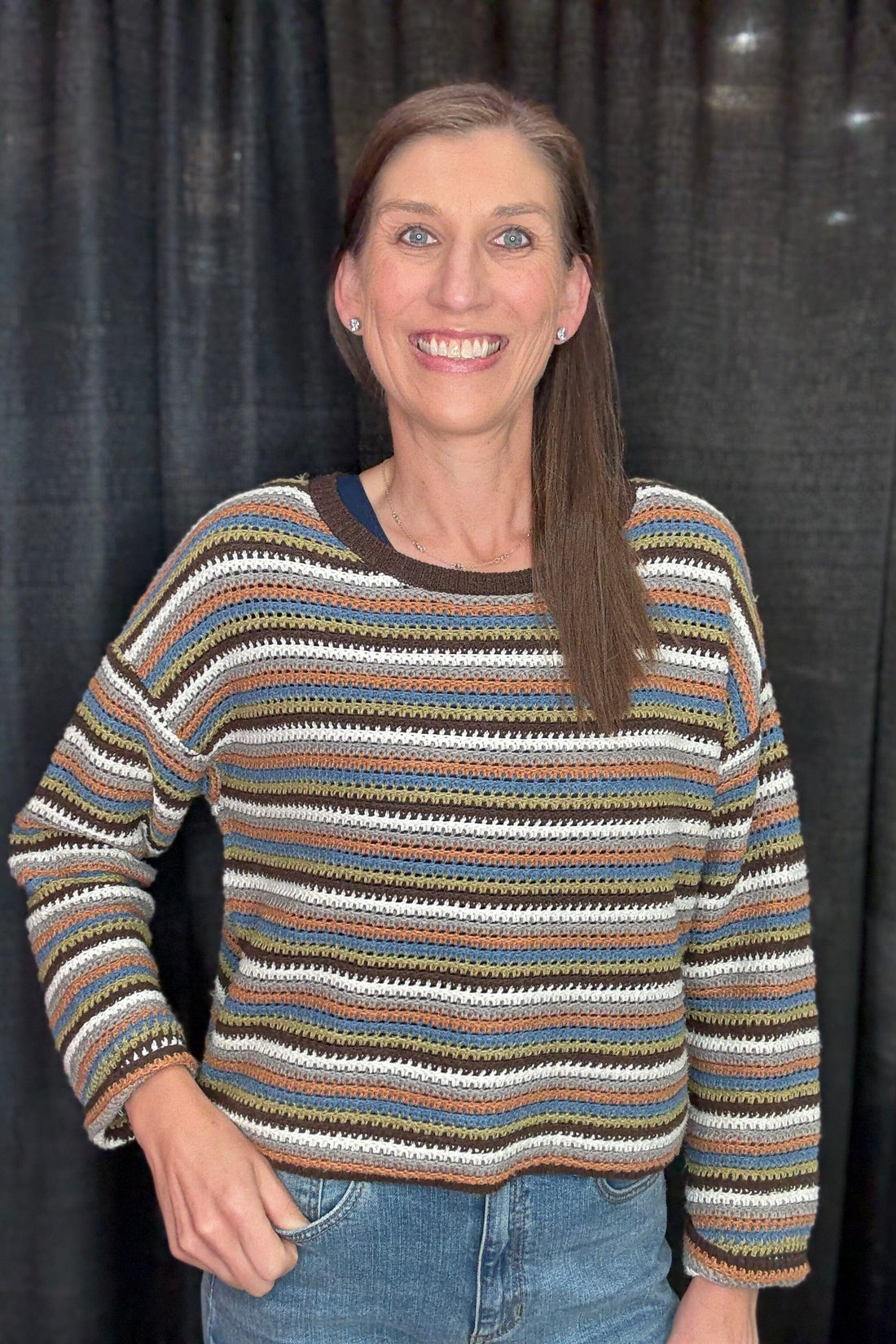 Multi Color Stripe Long Sleeve Pullover SWEATER BLUPEPPER