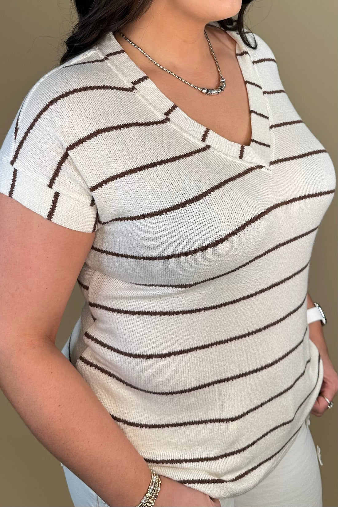 Striped V Neck Cuff Sleeve Top - Cream JRTOP CASUAL TOP:~~Unassigned~~ BLUPEPPER 