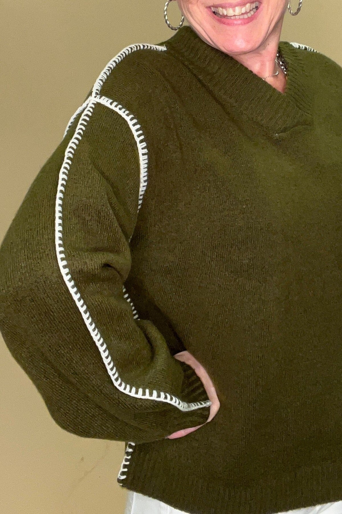 Long Sleeve Blanket Stitch Detail Sweater MISSY TOP SPECIAL:~~Unassigned~~ DEMOCRACY 