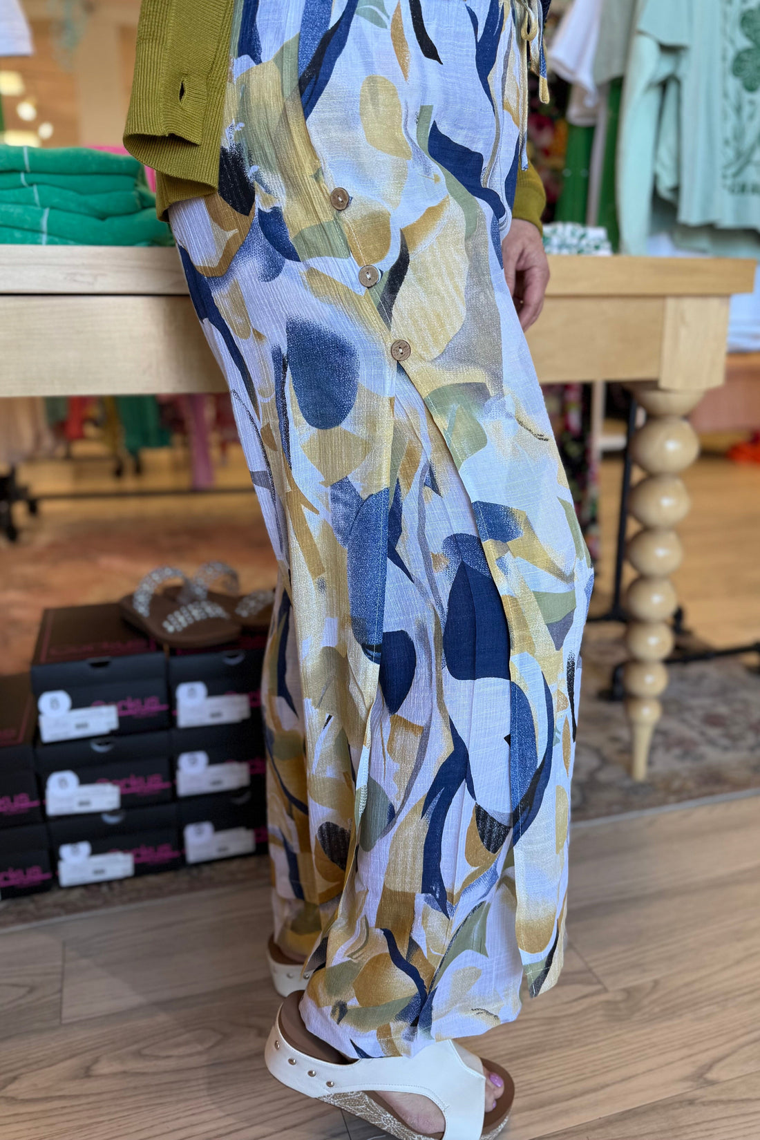 Printed Pull On Gauze Pant with Button Detail BOTTOMS CREATION 