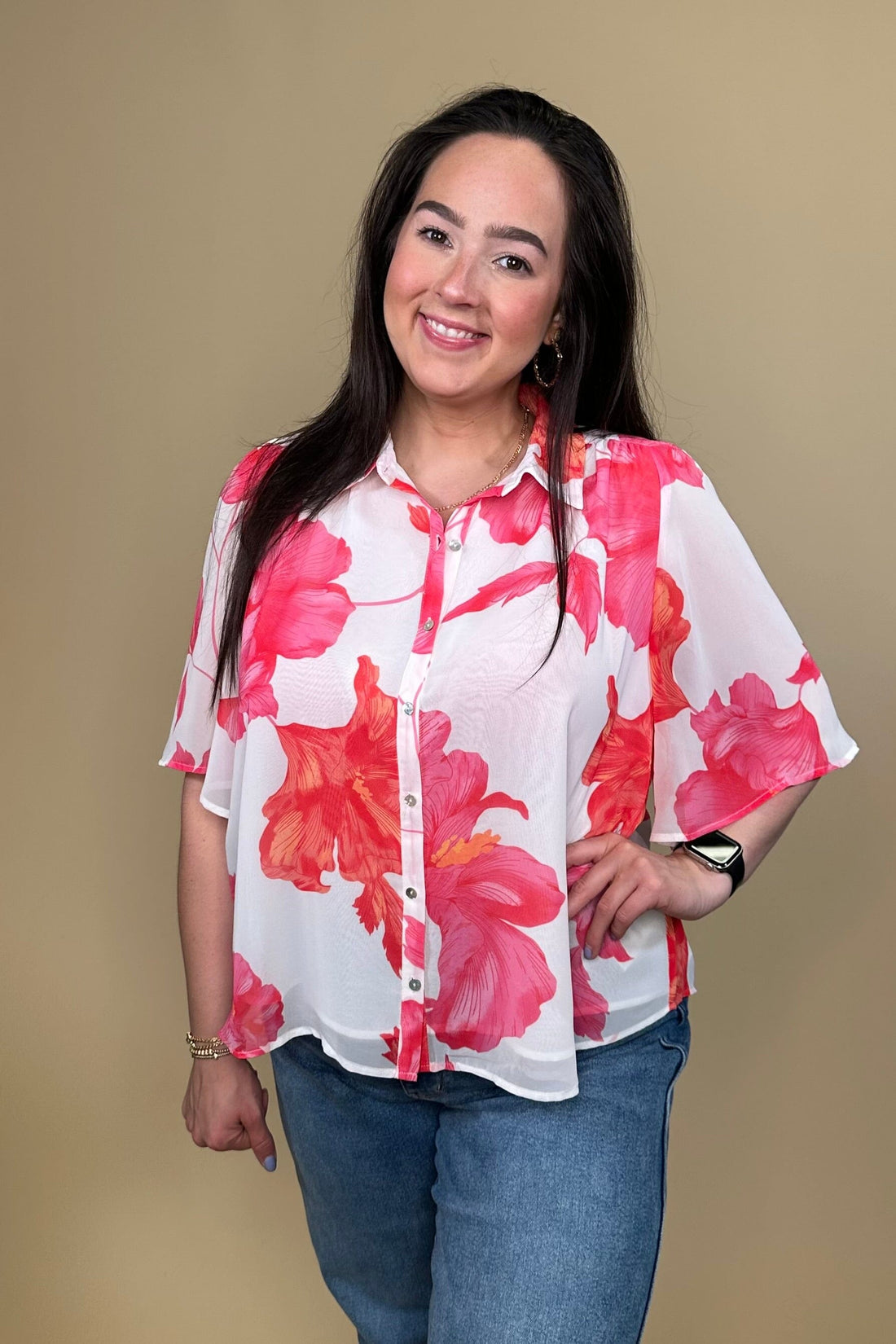 Floral Flutter Sleeve Button Down Collared Top MISSY TOP SPECIAL ZAC &amp; RACHEL 