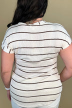 Striped V Neck Cuff Sleeve Top - Cream JRTOP CASUAL TOP:~~Unassigned~~ BLUPEPPER 