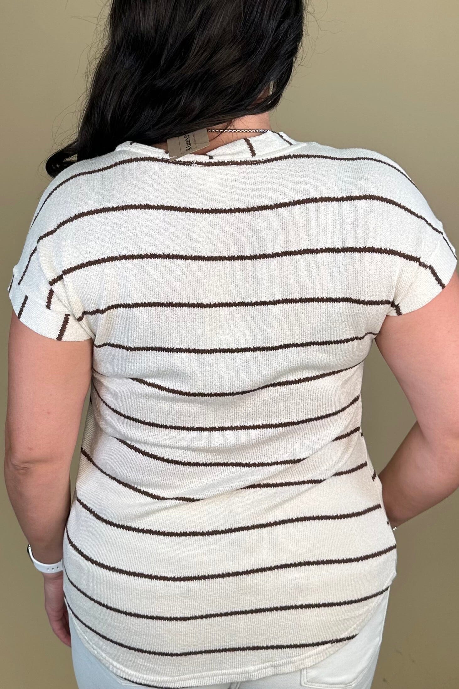Striped V Neck Cuff Sleeve Top - Cream JRTOP CASUAL TOP:~~Unassigned~~ BLUPEPPER 