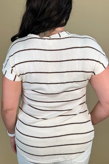 Striped V Neck Cuff Sleeve Top - Cream JRTOP CASUAL TOP:~~Unassigned~~ BLUPEPPER 