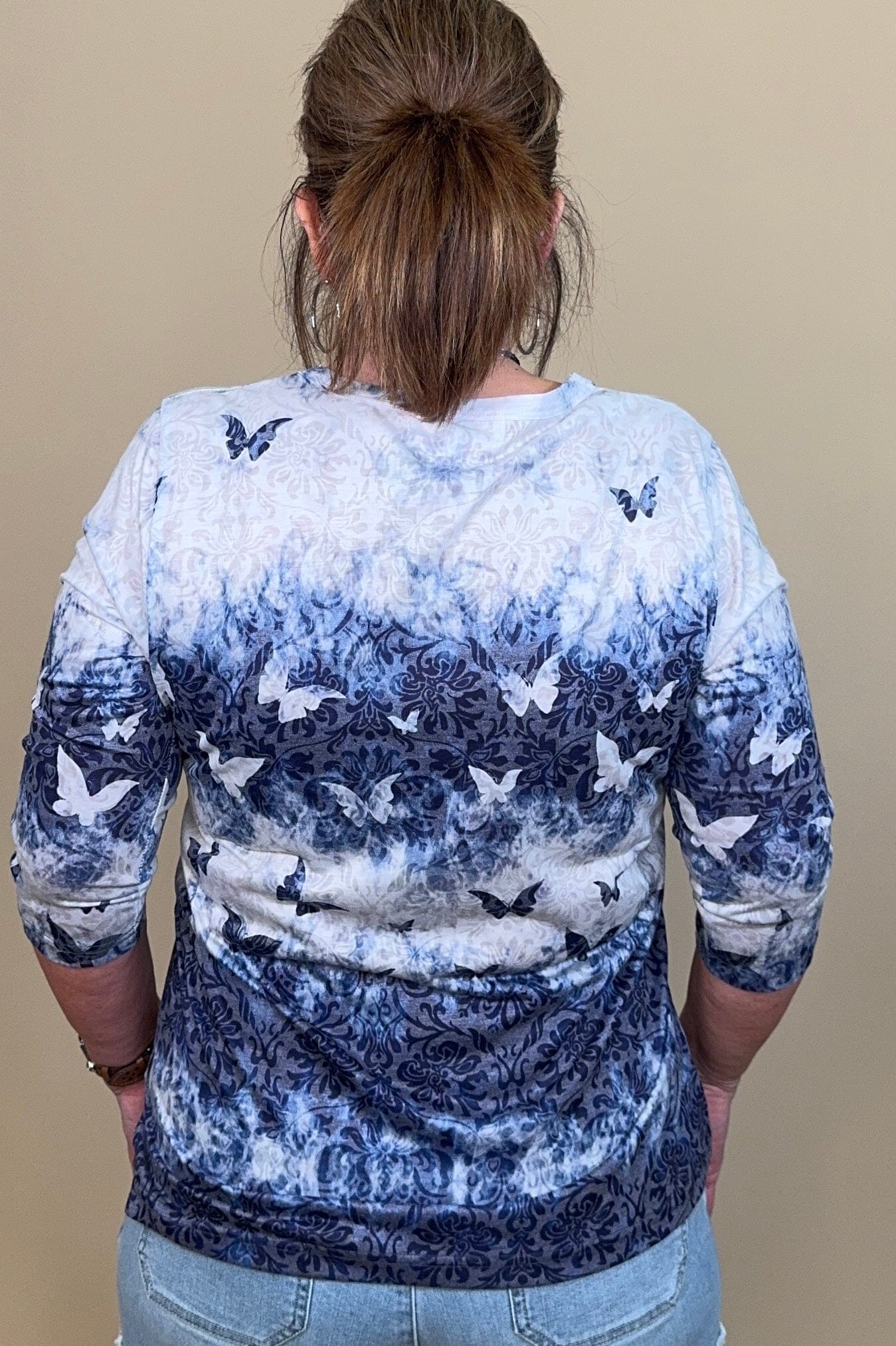 3/4 Slleve Printed Top w/Butterflies and Rhinestones MISSY TOP SPECIAL CREATION 