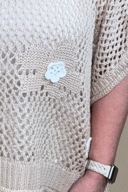 V-Neck Cotton Sweater w/Crocheted Flowers JRTOP CASUAL TOP POL CLOTHING 
