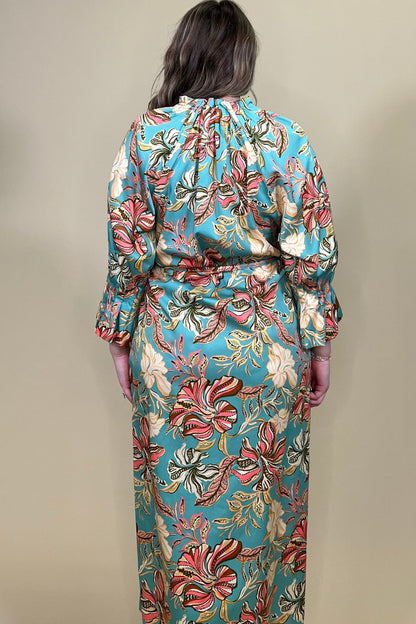Printed 3/4 Sleeve Grosgrain Ruched Neck Dress DRESS DEMOCRACY 