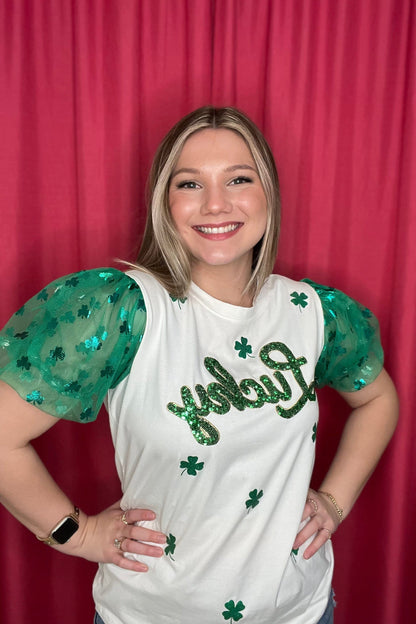 Sequin Lucky Crew Neck w/Shamrock Sleeves JRTOP CASUAL TOP SOUTHERN GRACE 