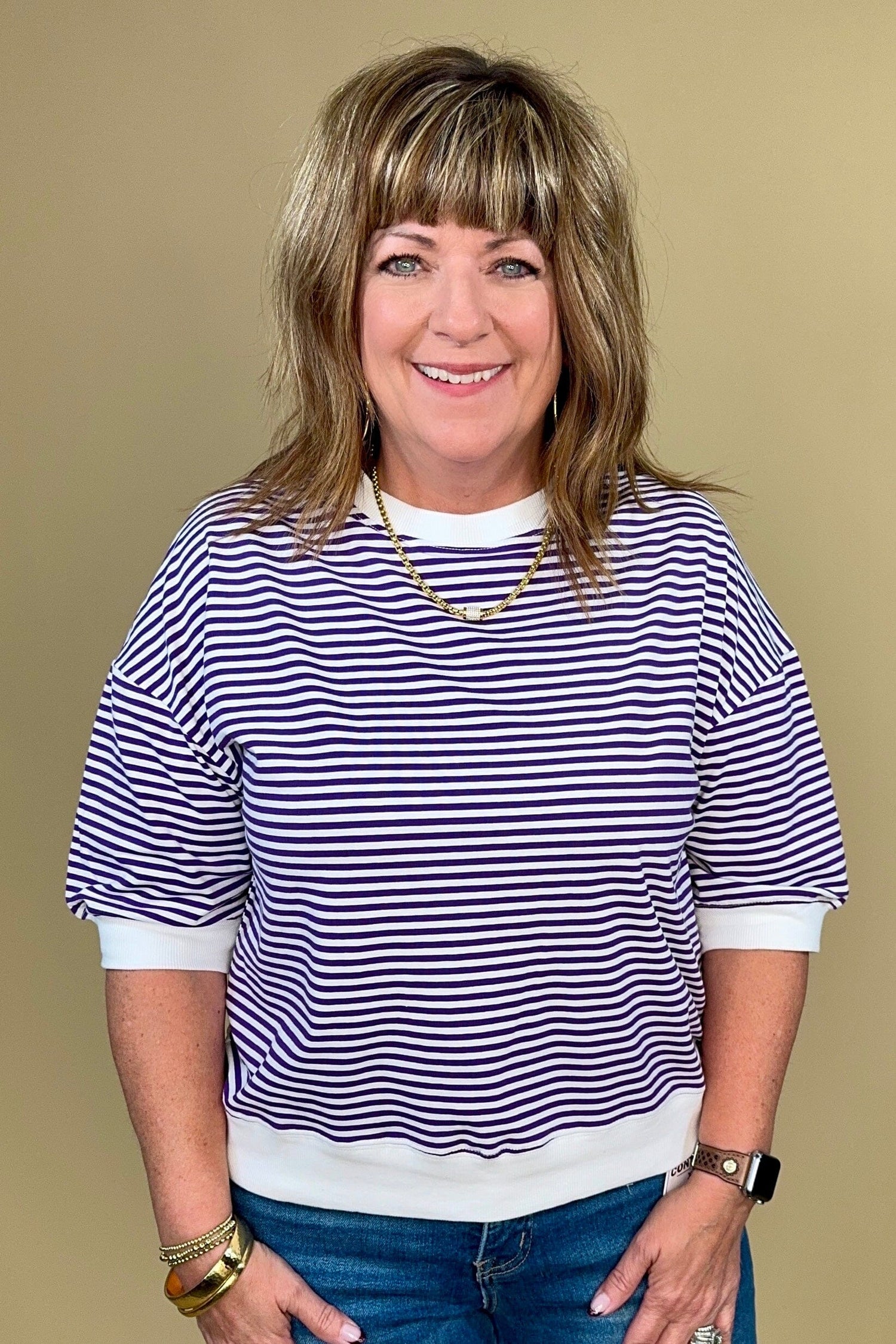 Stripped Contrast Trim Top JRTOP CASUAL TOP ZENANA PURPLE S 