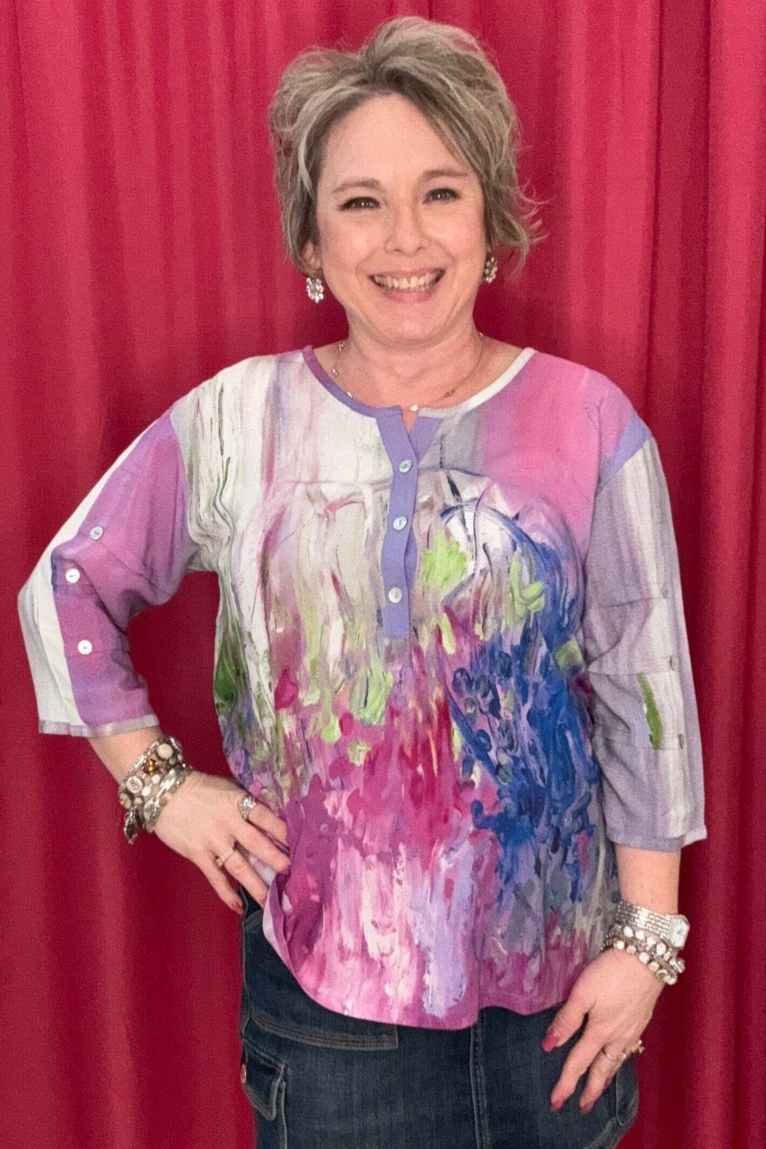 Printed 3/4 Sleeve w/Buttons MISSY TOP SPECIAL PARSLEY &amp; SAGE 