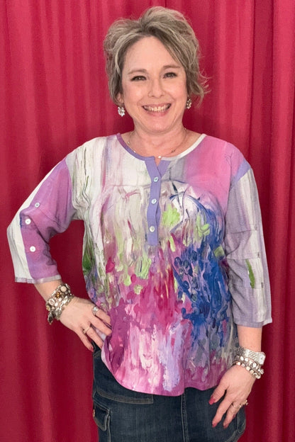 Printed 3/4 Sleeve w/Buttons MISSY TOP SPECIAL PARSLEY &amp; SAGE 