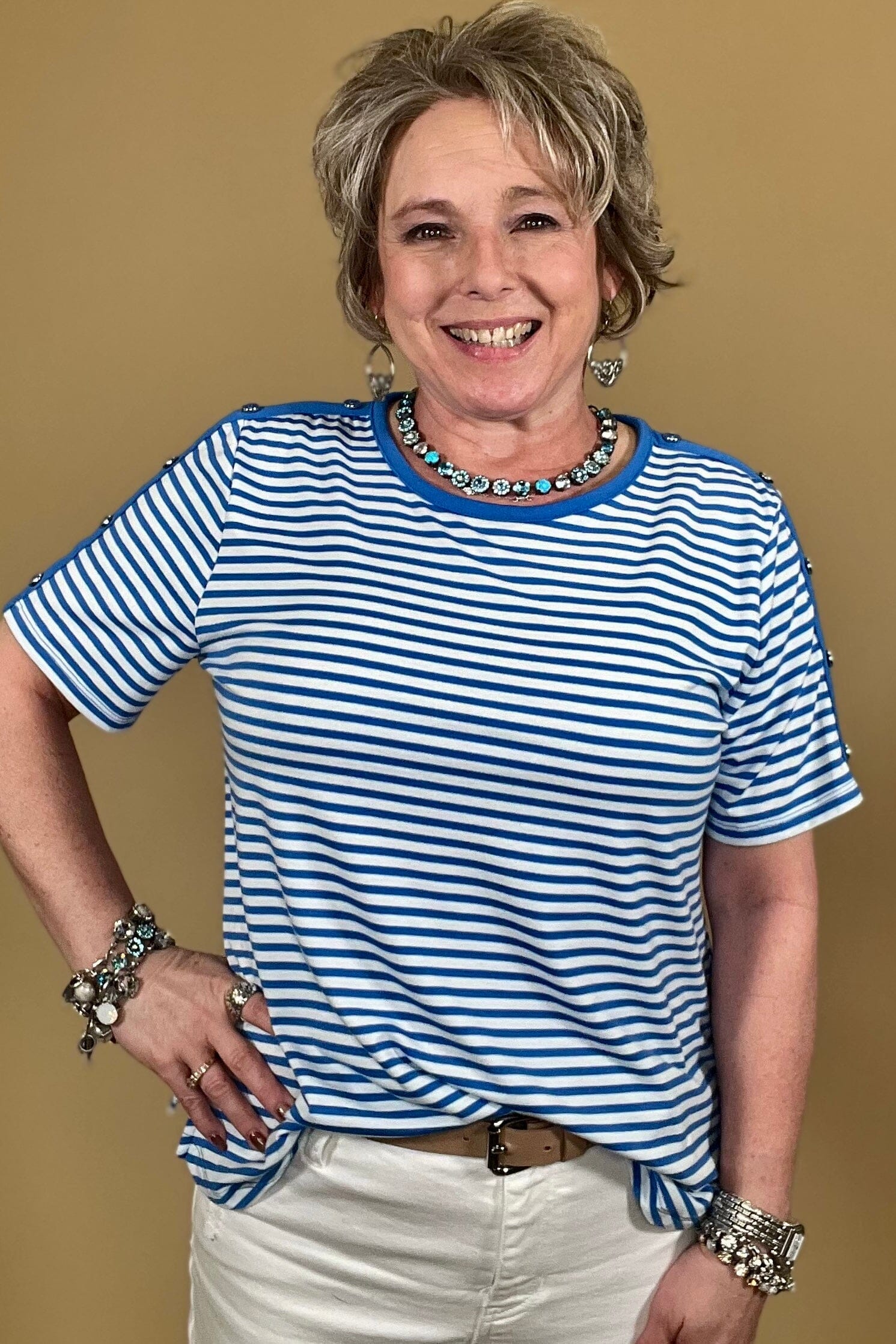 Short Sleeve Button Detail Scoop Neck Striped Top MISSY TOP SPECIAL SOUTHERN LADY 