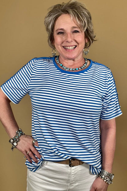 Short Sleeve Button Detail Scoop Neck Striped Top MISSY TOP SPECIAL SOUTHERN LADY 