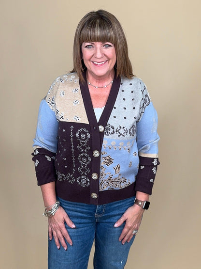 Jacquard V-Neck Sweater Cardigan in Satin Sky OUTFIT COMPLETER TRIBAL 