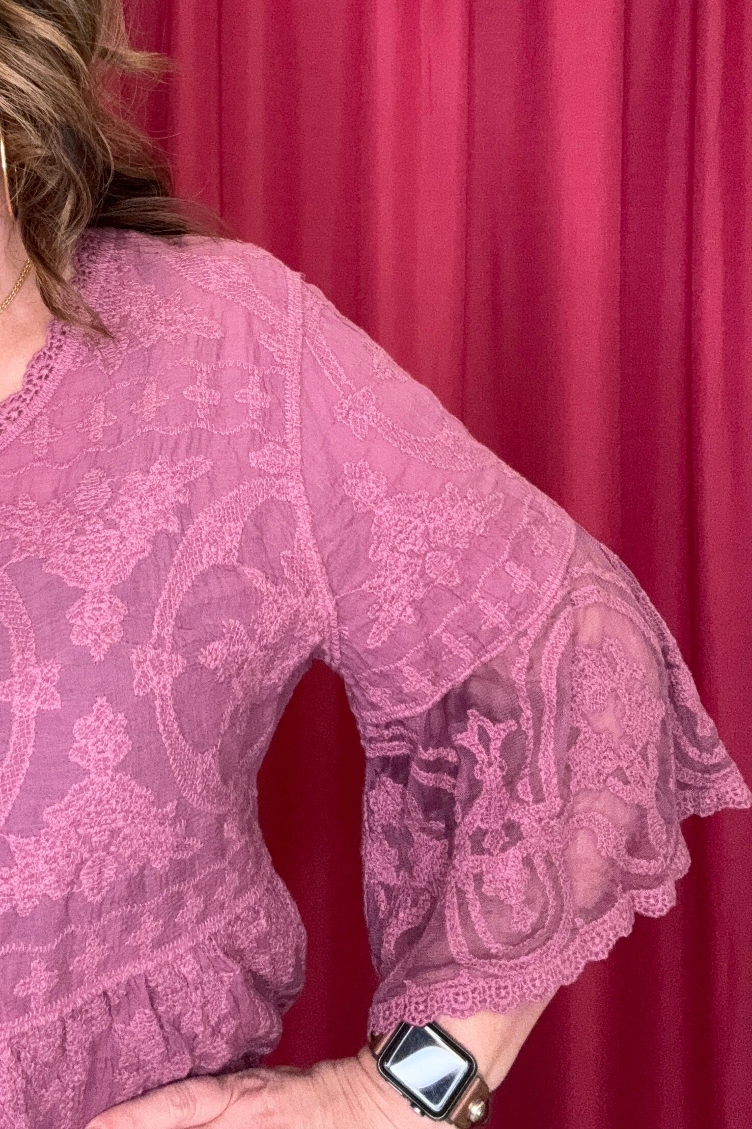 3/4 Bell Sleeve Scoop Neck Double Flounce Peplum Embroidered Top MISSY TOP SPECIAL DEMOCRACY 