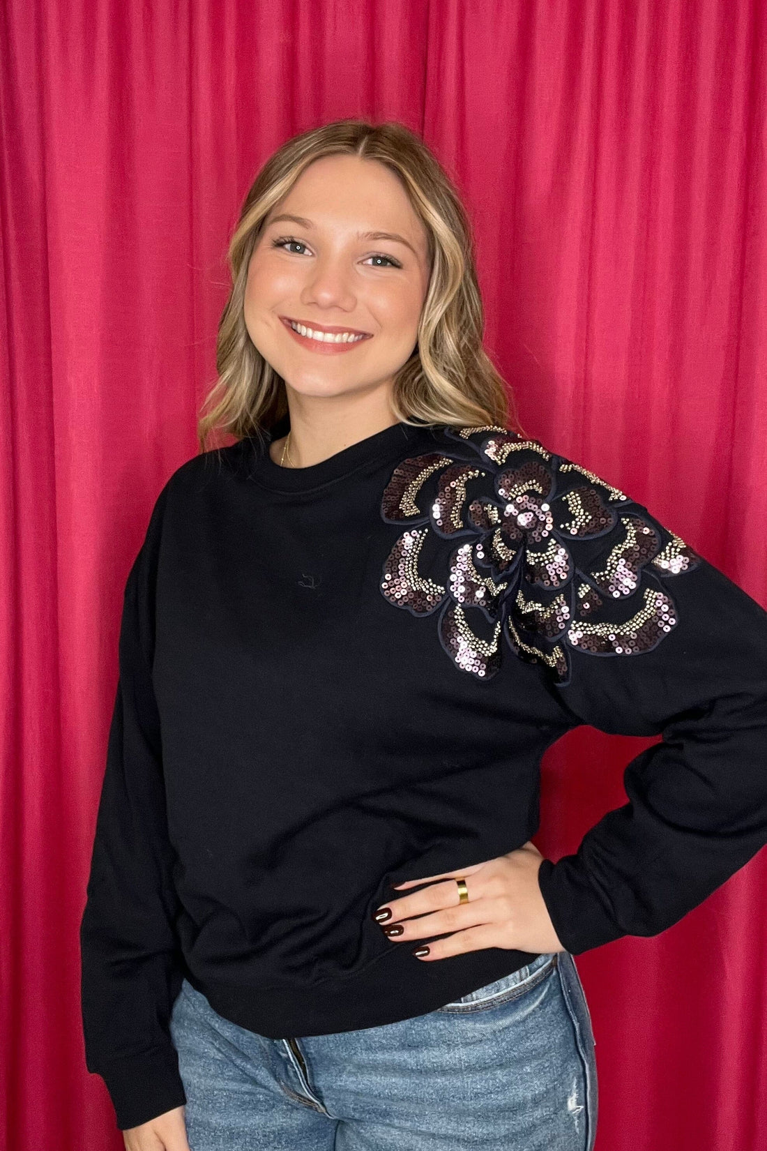 Long Sleeve Crew Neck Beaded Sweatshirt MISSY TOP SPECIAL DEMOCRACY