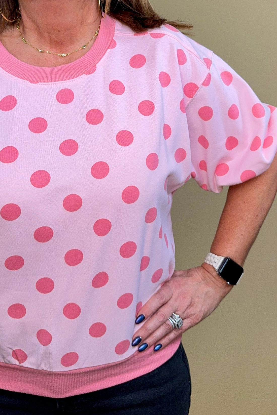 Round Neck Bubble Sleeve Polka Dot Sweatshirt JRTOP CASUAL TOP GLAM 
