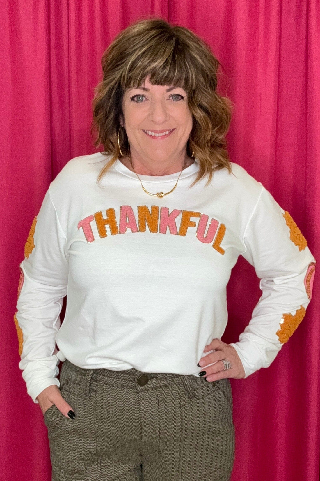 Thankful Chenille Patches Sweatshirt JRTOP CASUAL TOP SOUTHERN GRACE