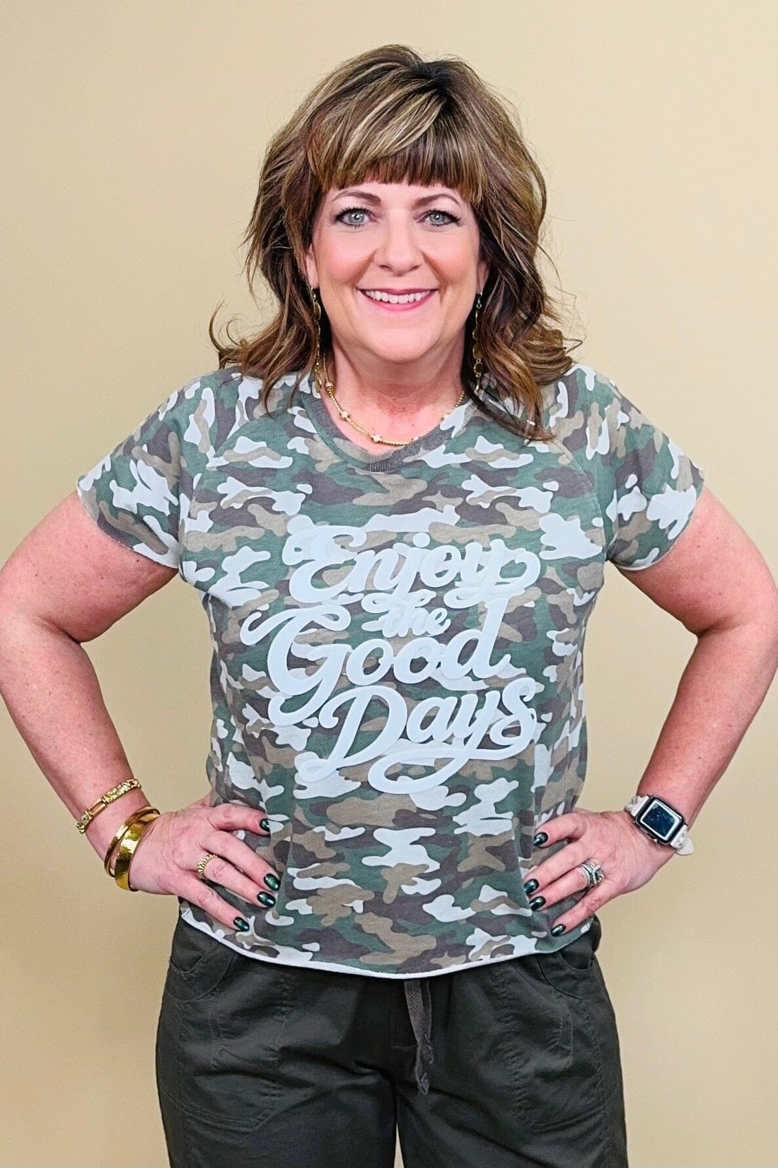 Short Sleeve Camo Enjoy the Good Days MISSY BASIC KNIT SUGAR STITCH 