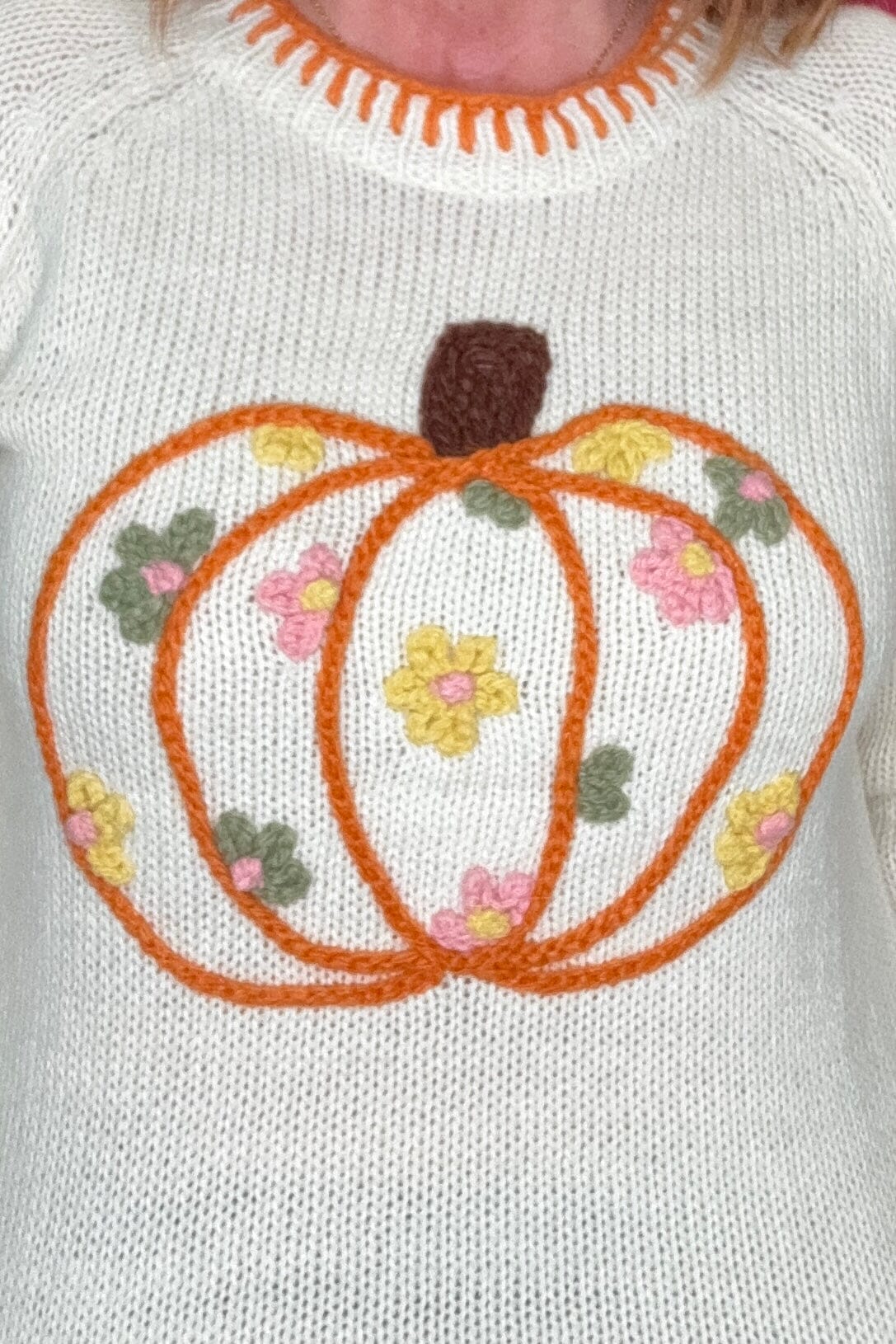 Pumpkin Floral Embroidered Thanksgiving Sweater JRTOP CASUAL TOP SO ME 