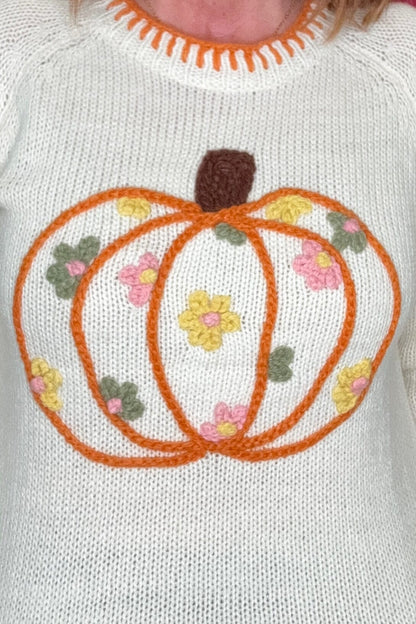 Pumpkin Floral Embroidered Thanksgiving Sweater JRTOP CASUAL TOP SO ME 