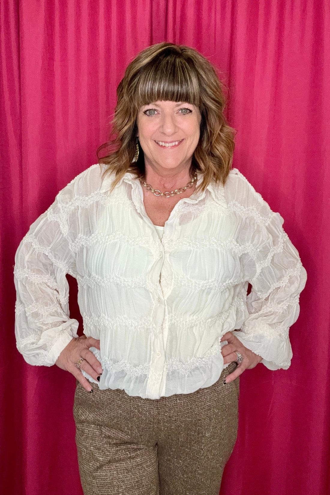 Long Sleeve Chevron Textured Blouse JRTOP CASUAL TOP ALLIE &amp; ROSE CRM S 