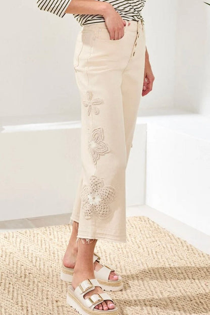 Audrey Button Fly Wide Crop w/Crochet Flowers BOTTOMS TRIBAL 