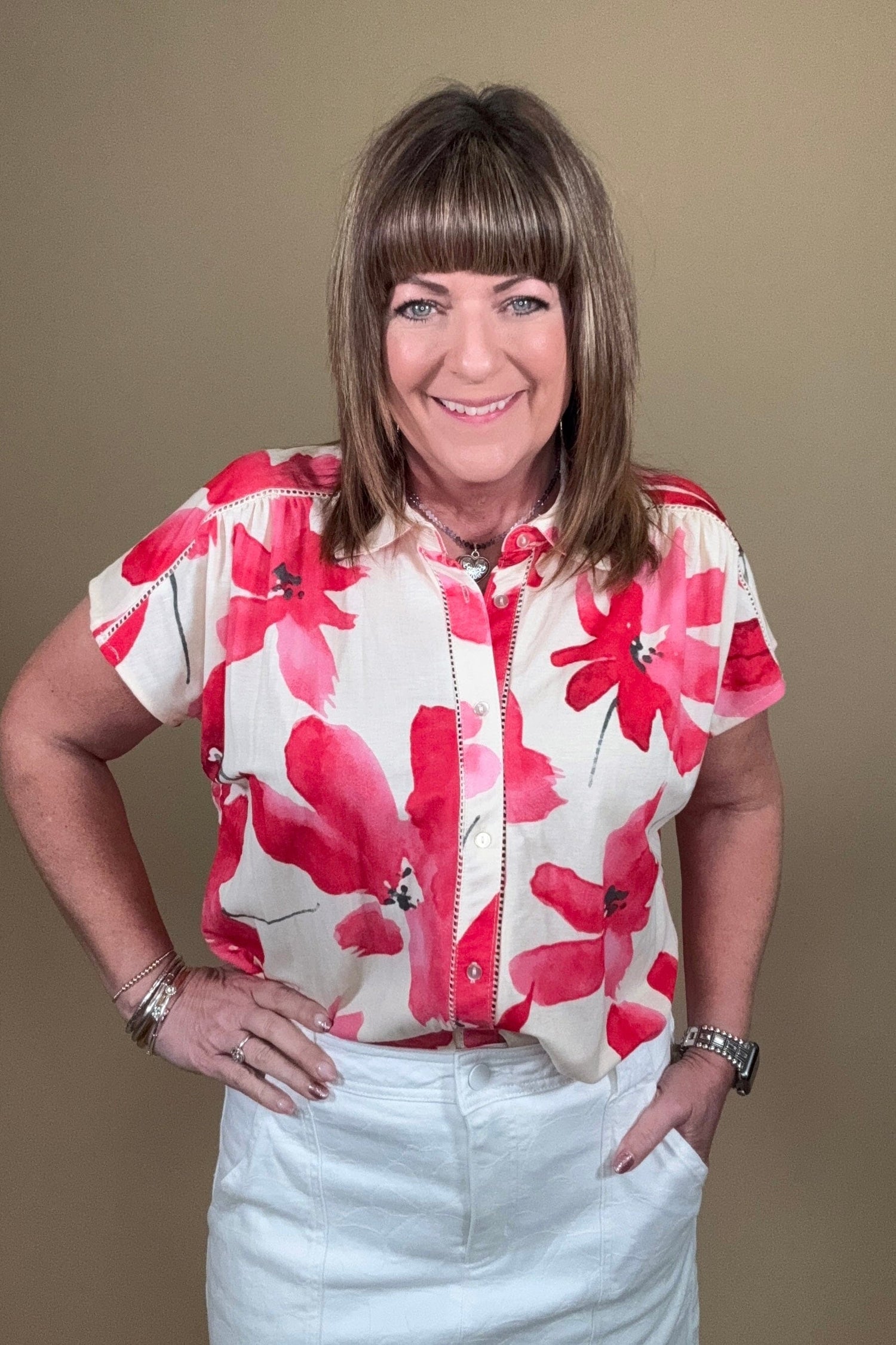 Printed Short Sleeve Tie Front Shirt MISSY TOP SPECIAL TRIBAL 