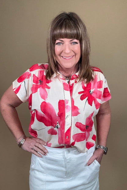 Printed Short Sleeve Tie Front Shirt MISSY TOP SPECIAL TRIBAL 