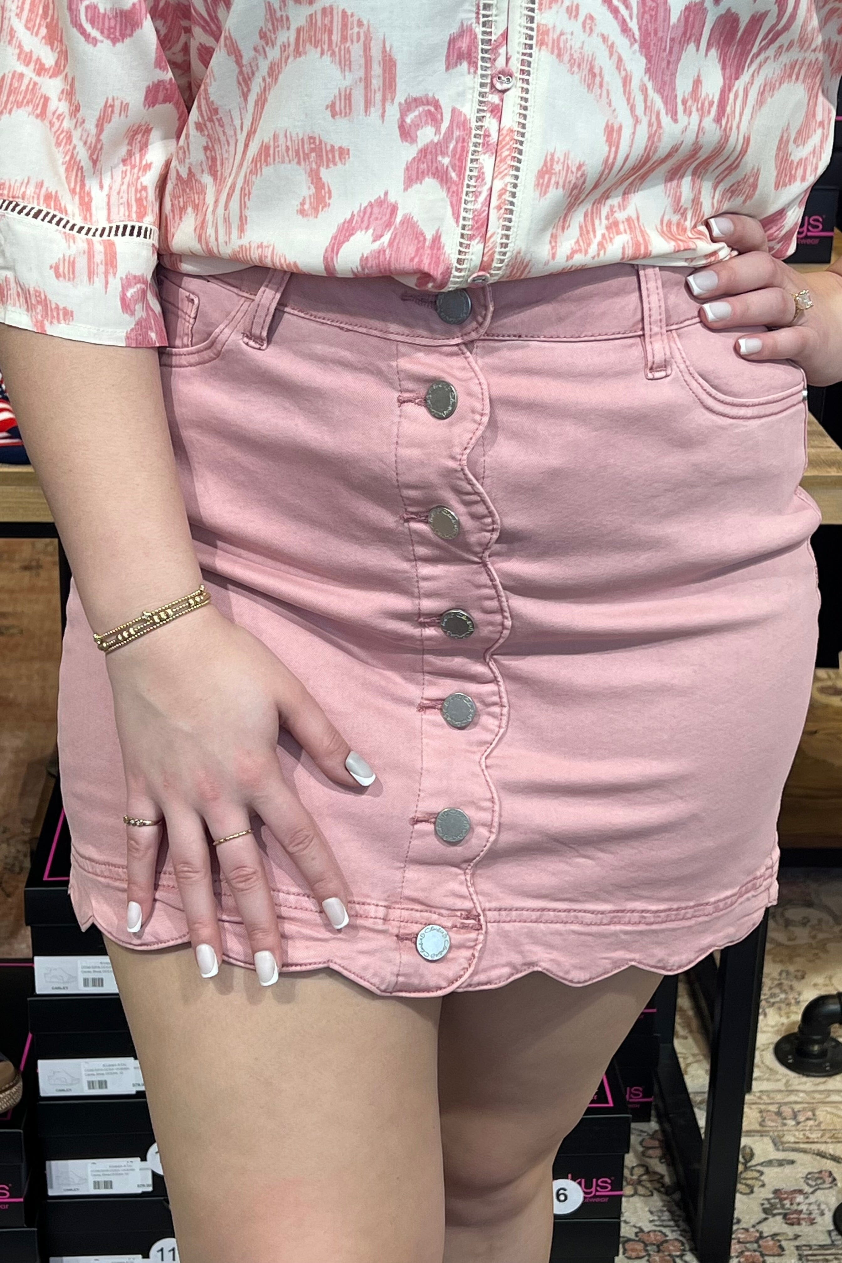 Scalloped Hem Button Front Denim Skort BOTTOMS CHARLIEB 