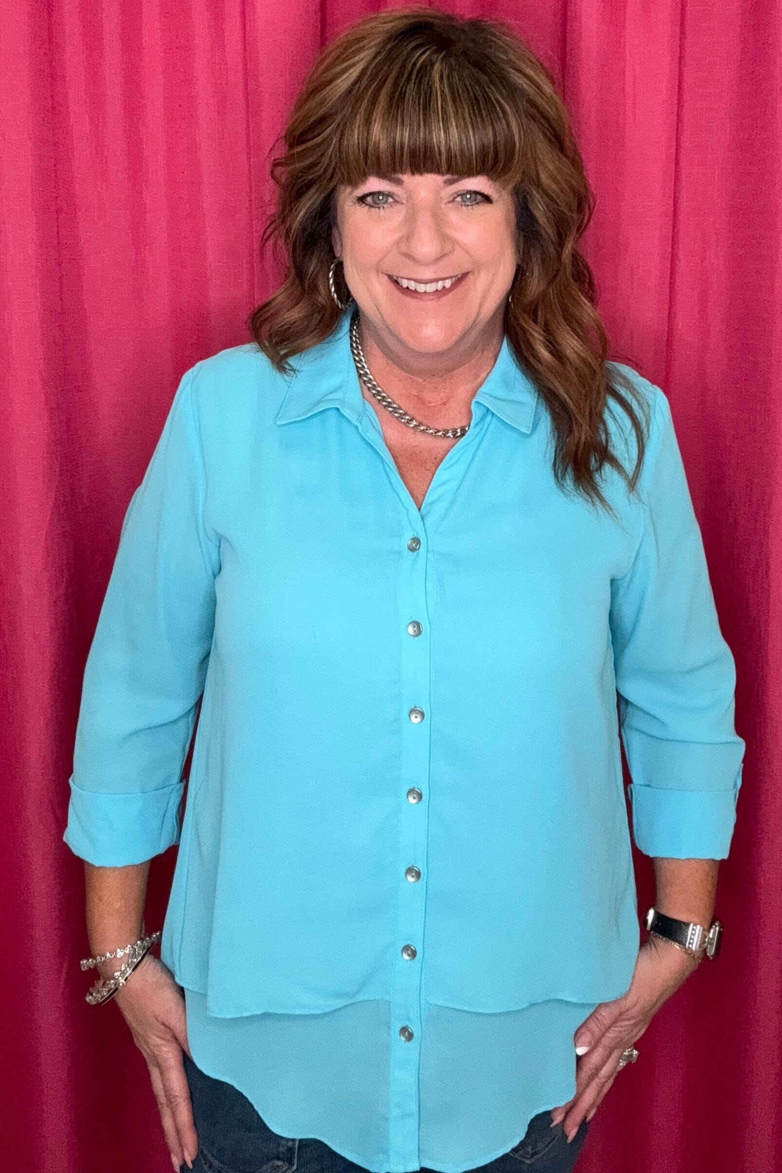 3/4 Sleeve Button Down Tiered Hem High/Low Seam MISSY TOP SPECIAL SOUTHERN LADY TRQ S 