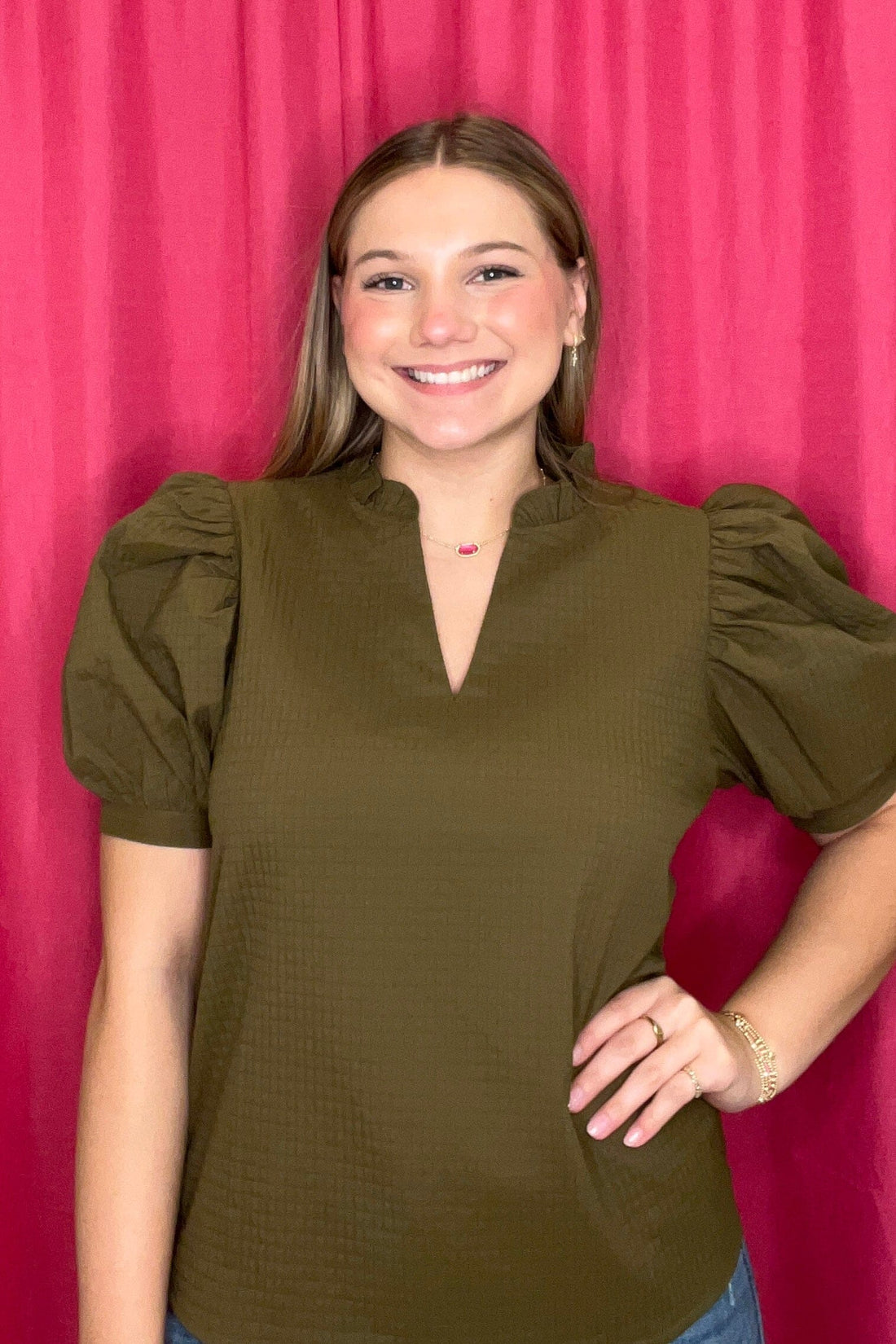 Ruffle V-Neck Puff Sleeve Top JR TOP DRESSY GLAM 