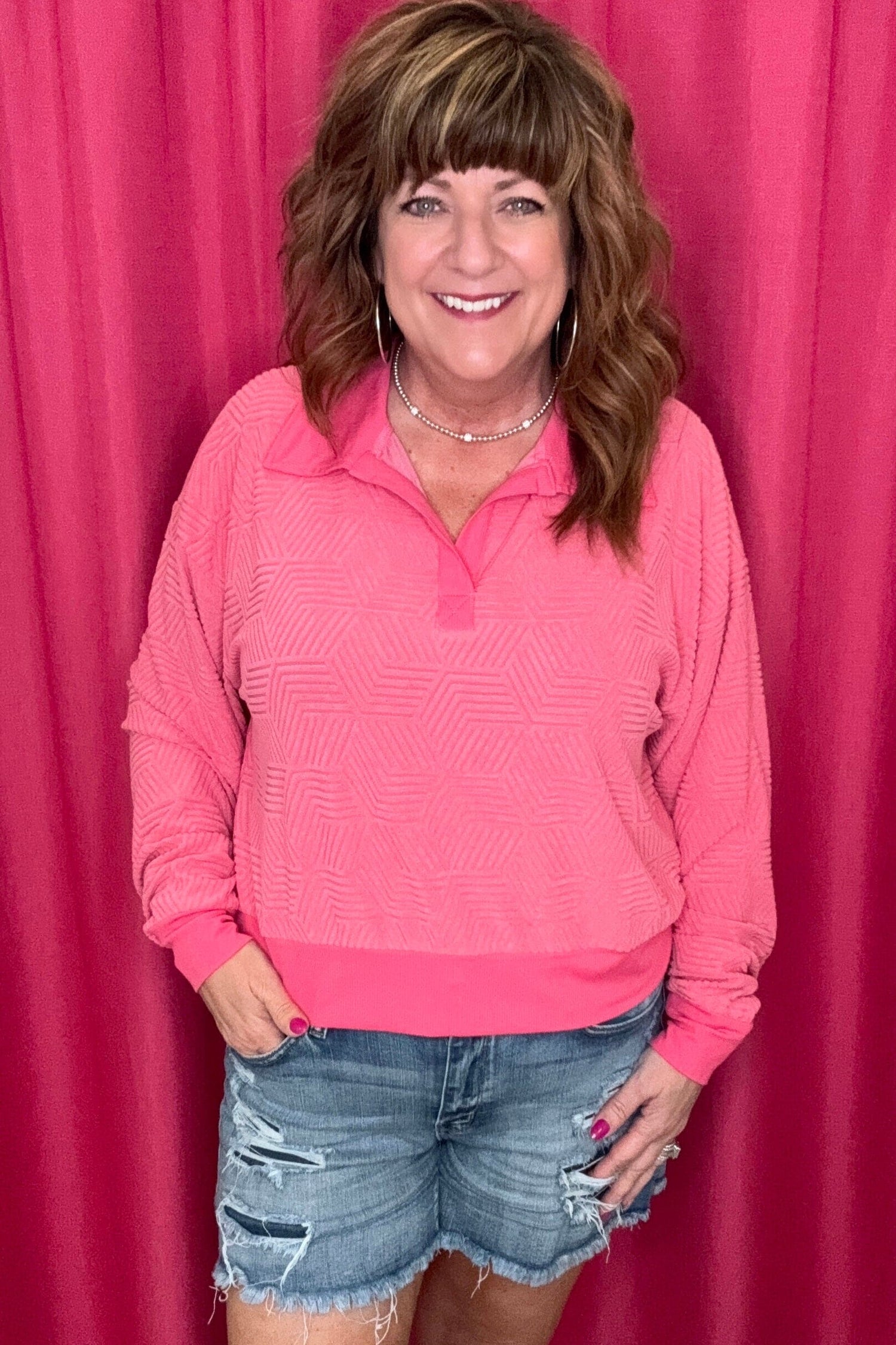 Textured Long Sleeve with Collar JRTOP CASUAL TOP SIMPLY SOUTHERN 