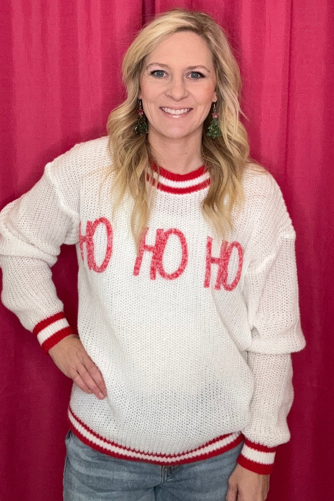 Long Sleeve Knit Top w/HoHoHo Blanket Stitch JRTOP CASUAL TOP SO ME