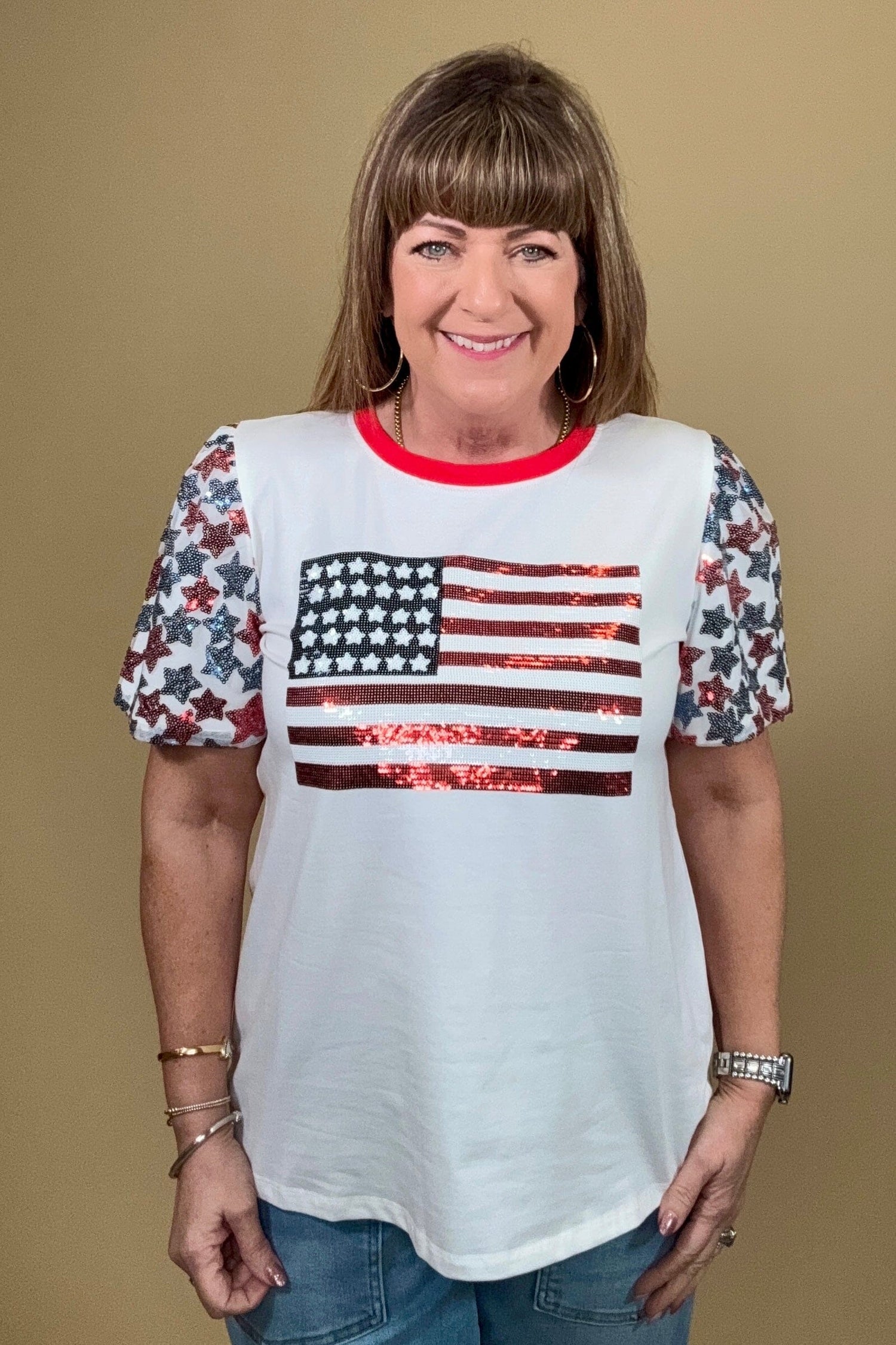 Sequin Flag w/Star Sleeves JRTOP CASUAL TOP SOUTHERN GRACE 