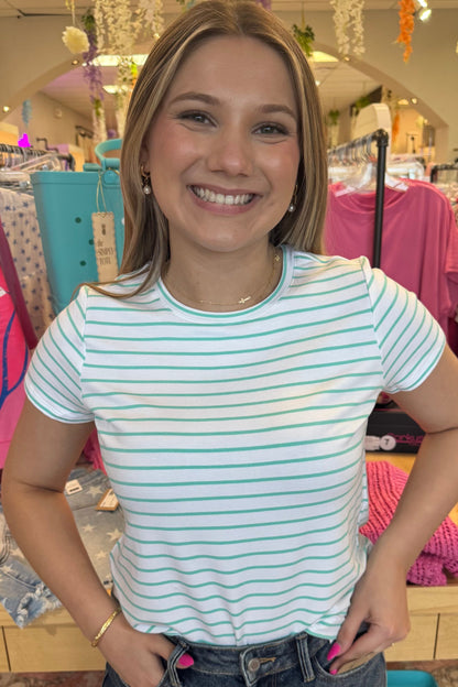Short Sleeve Crew Neck Classic Knit Tee MISSY BASIC KNIT LIVERPOOL WHITEMINTSTRIPE XS 