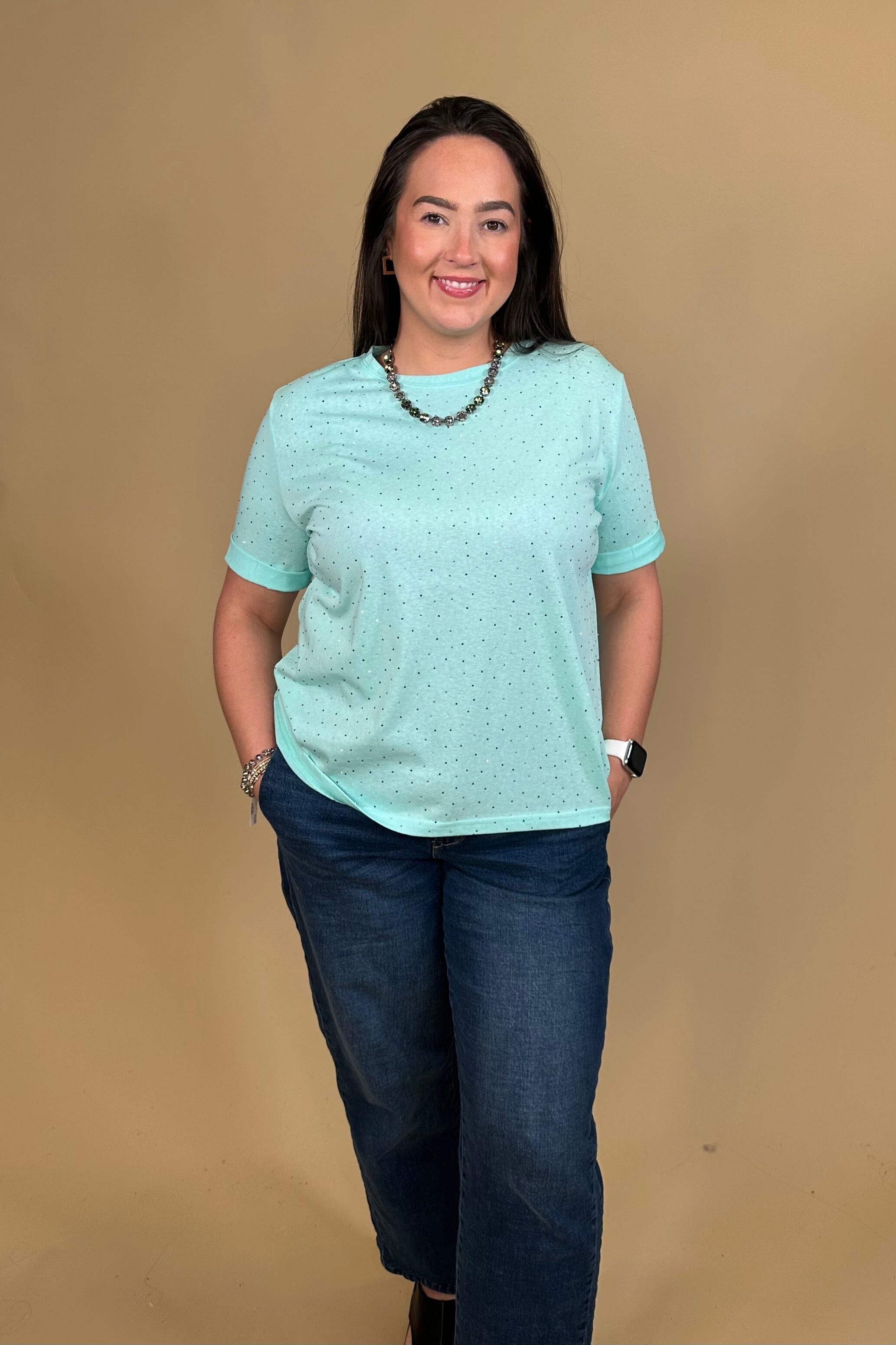 Short Rolled Sleeve Tee w/Colored Rhinestones JRTOP CASUAL TOP DAVI&amp;DANI 