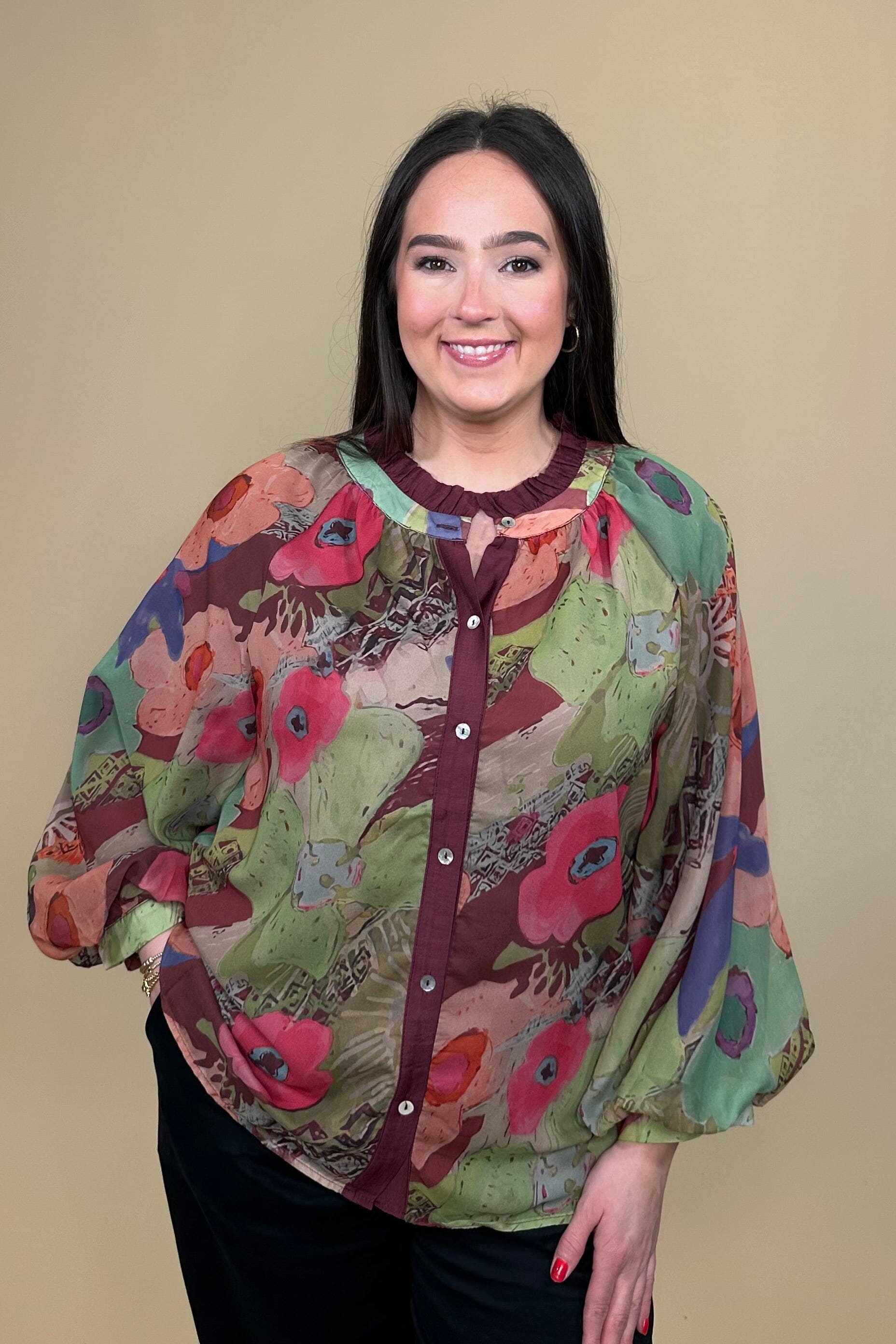 Long Sleeve Button Down w/Ruffle Collar JR TOP DRESSY JODIFL 
