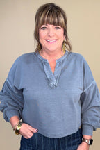 Raw Edge Cropped V Neck Sweatshirt - Blue JRTOP CASUAL TOP BLUPEPPER 