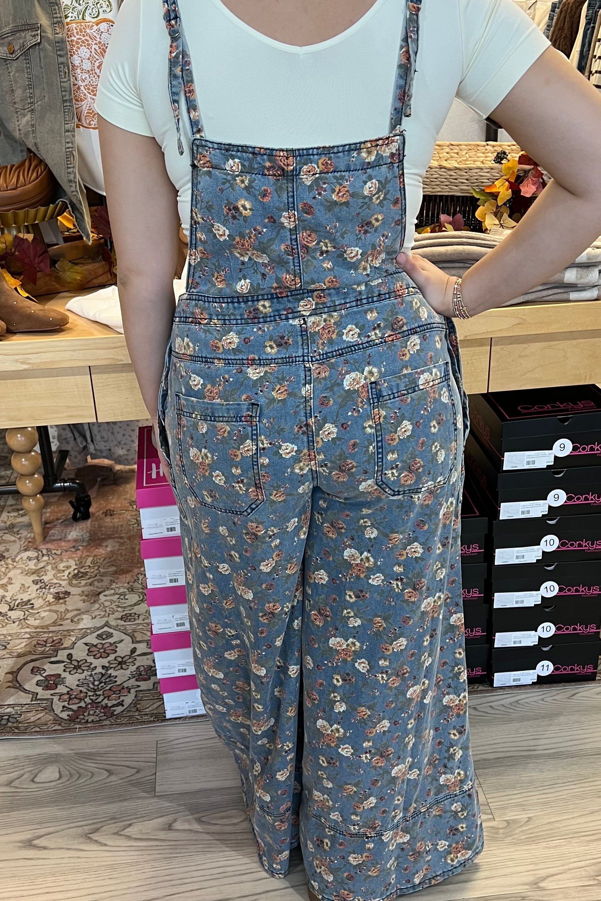 Spaghetti Strap Flower Print Denim Romper DRESS BLUEVELVET 