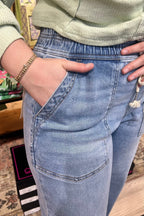 Elastic Band Baggy Patch Pockets Jeans JEANS:~~Unassigned~~ RISEN 