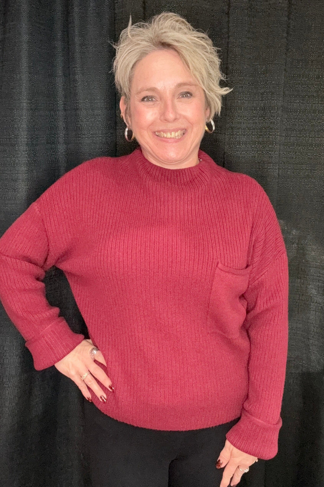 Long Sleeve Mock Neck Pocket Detail Sweater SWEATER BLUPEPPER