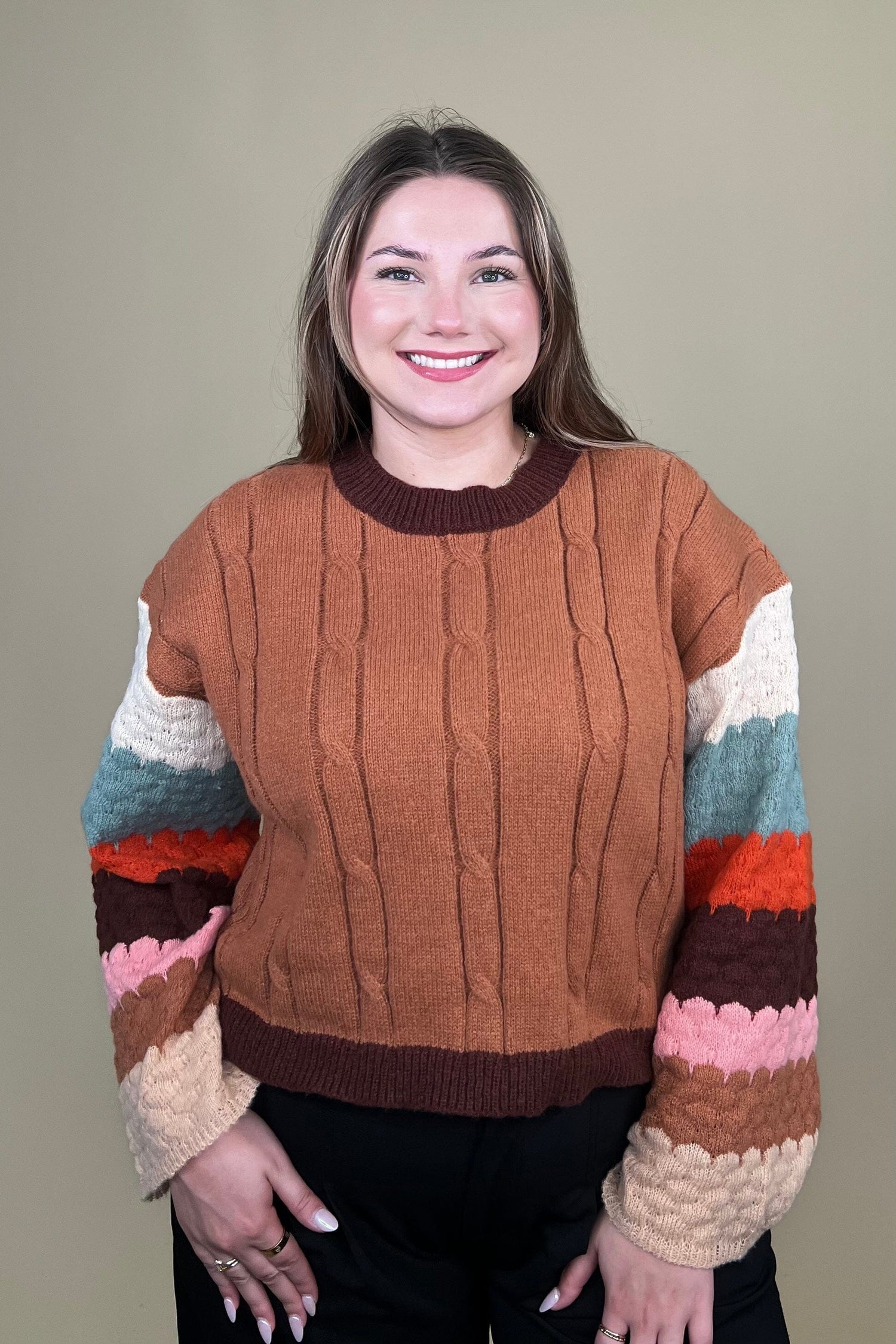 Brown Stripe Sleeve Sweater SWEATER:~~Unassigned~~ DAVI&amp;DANI 