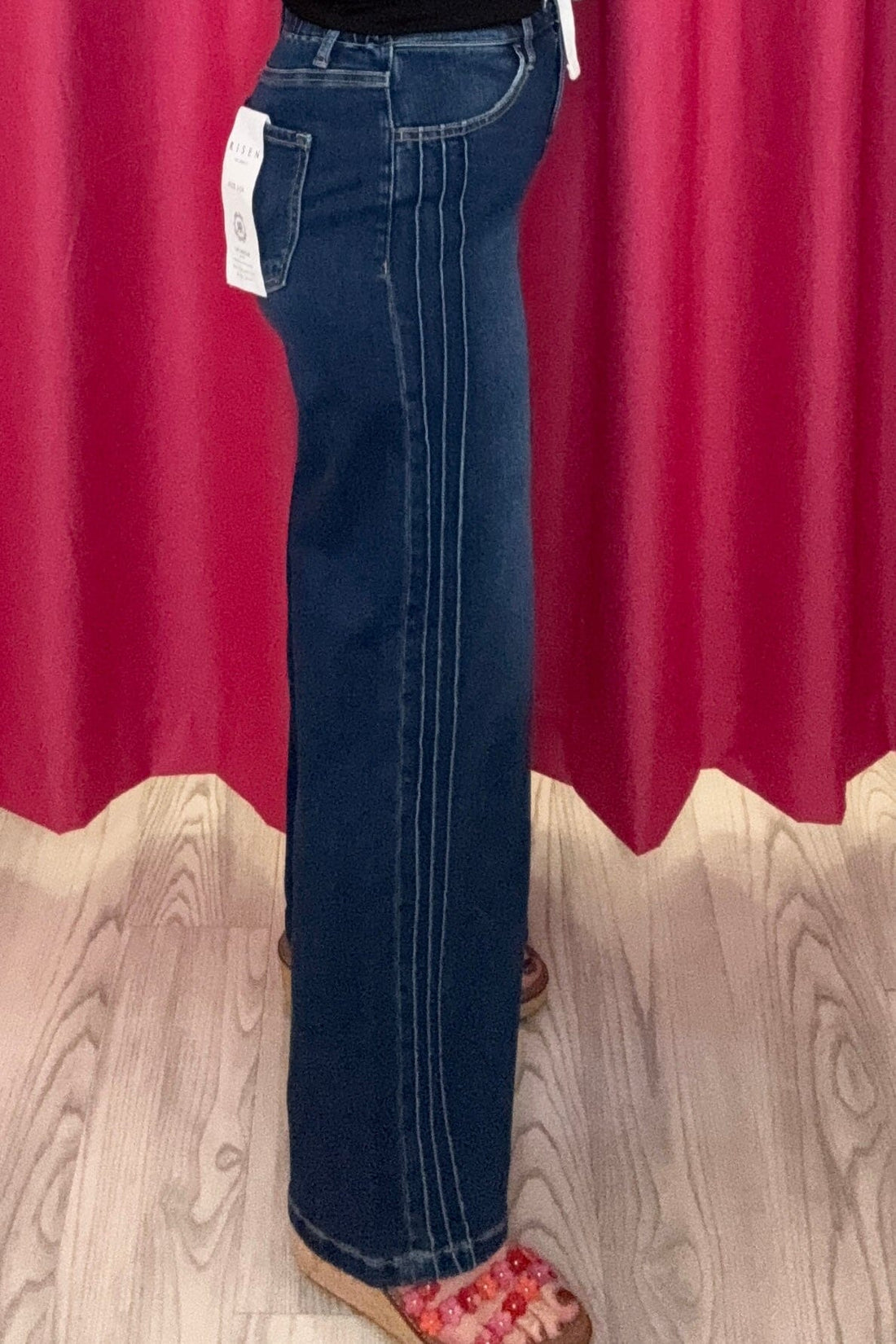 Elastic Mid Rise Wide Leg Jeans w/Side Pintuck Detail &amp; Drawstring JEANS RISEN 