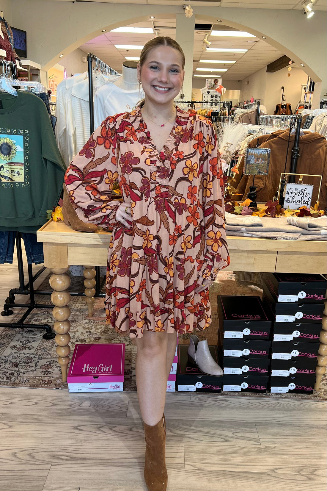 Long Sleeve V-Neck Printed Dress DRESS EASEL 