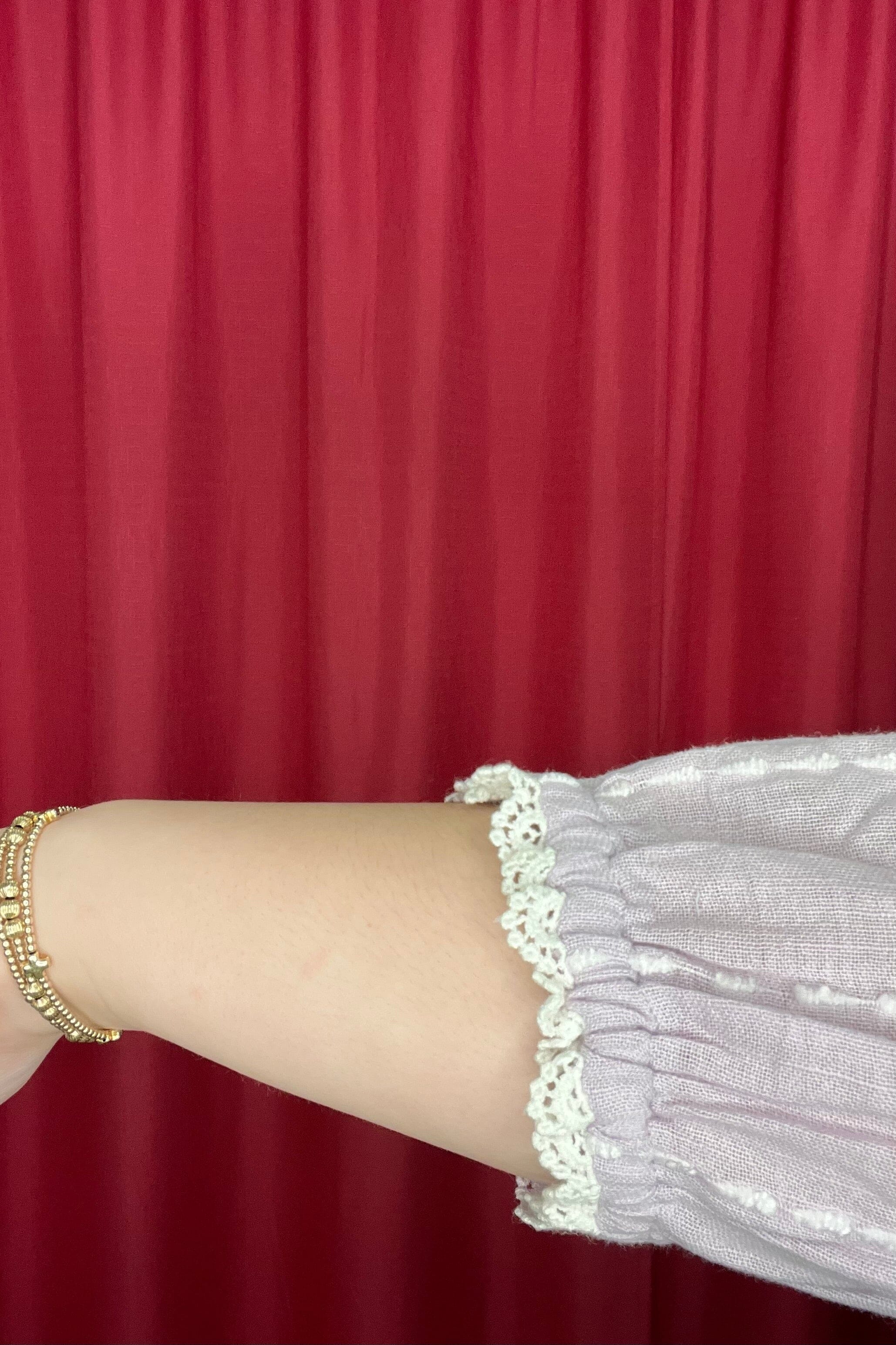 3/4 Blouson Sleeve Split Neck w/Crochet Edge Trim &amp; Woven Top MISSY TOP SPECIAL DEMOCRACY 